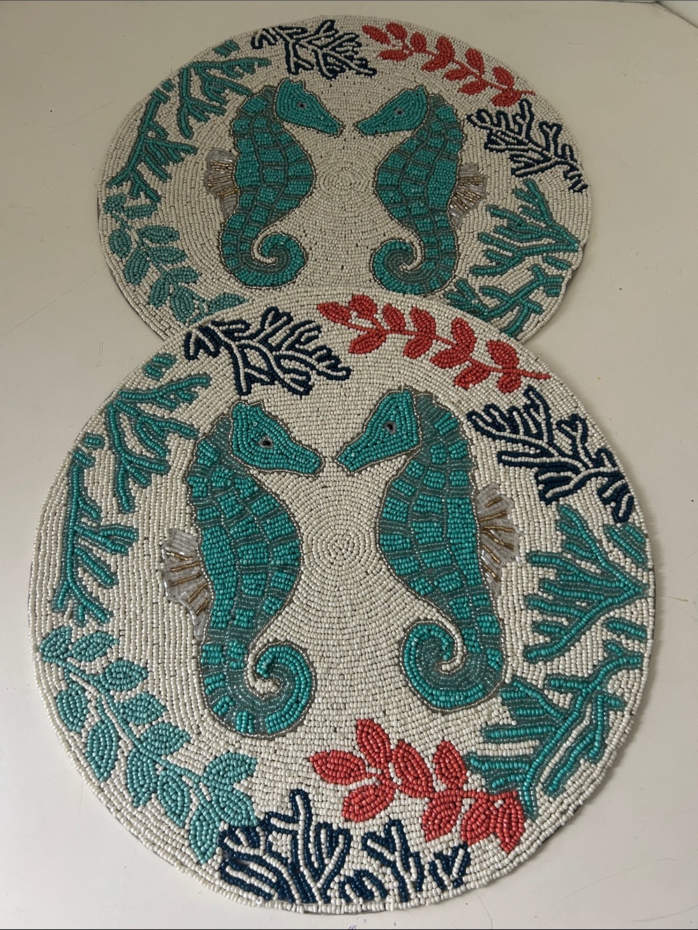 2 Tahari Glass Beaded Chargers Seahorse Round Placemats set of 2 NEW